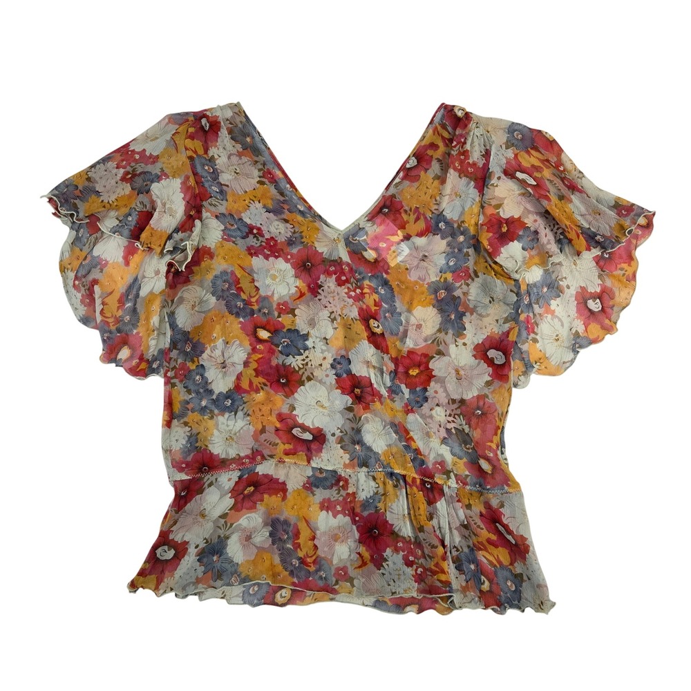 Anna Sui for Anthropologie Floral Silk V-Neck Flutter Sleeve Peplum Blouse 6